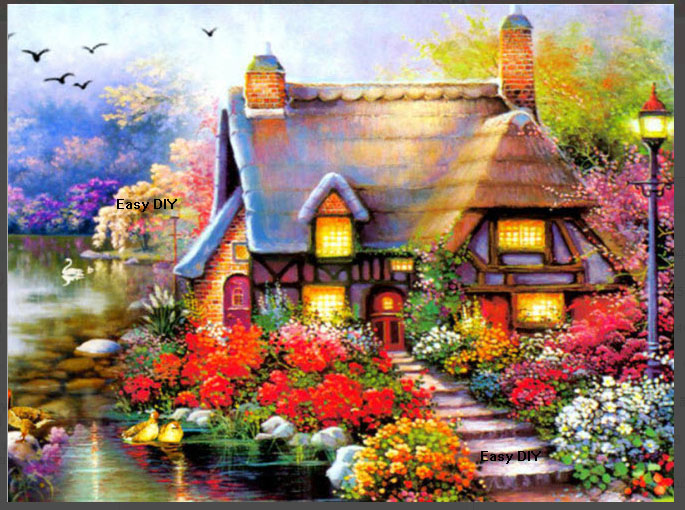 ภาพวาดสีน้ำบ้านริมธาร