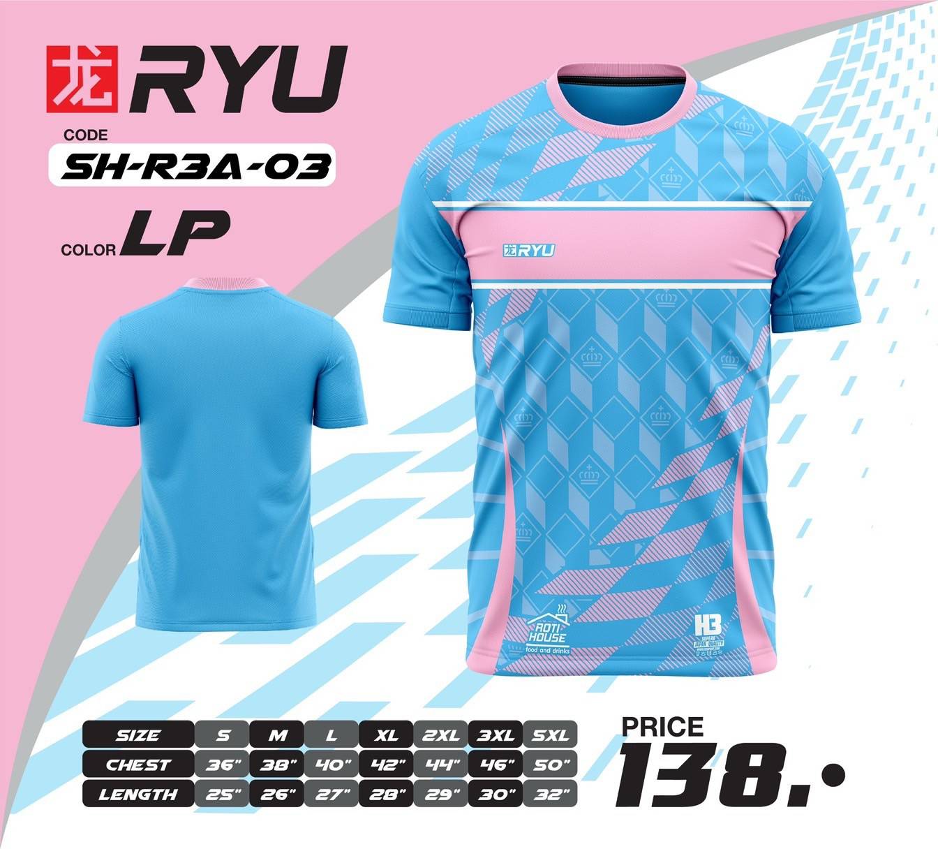 RYU H3SPORT SH-R3A-03 เสื้อกีฬา เสื้อกีฬาพิมพ์ลาย สีฟ้า
