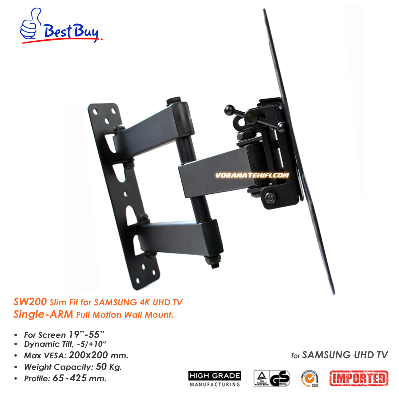 SW200 (เหล็กหนาพิเศษ) ขาแขวนทีวี 19"- 55" Slim Fit สำหรับ SAMSUNG UHD TV แบบ Single-Arm Full Motion Wall Mount, Max VESA 200x200mm., Weight Capacity 50 Kg.
