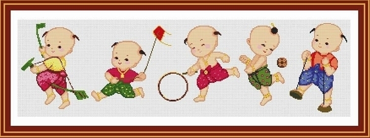 ชุดปักครอสติช ลายการละเล่นของเด็กไทย (ไม่มีเดินเส้น) ขนาด 100*35 ซม.ผ้าครอสติช 11CTพิมพ์ลายปักบนผ้า+ไหมคอตตอน 30 สี+ผังลาย+เข็ม