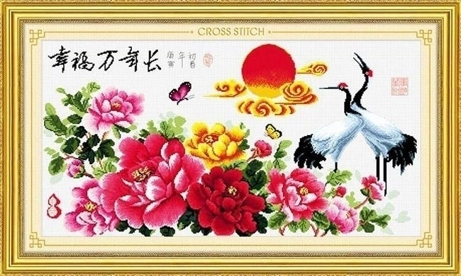 ชุดปักครอสติช ลายนกกระเรียนคู่ในสวนโบตั๋น ขนาด 96*48 ซม ผ้าครอสติช 11CTพิมพ์ลายปักบนผ้า ไหมคอตตอน 52 สี ผังลาย เข็ม