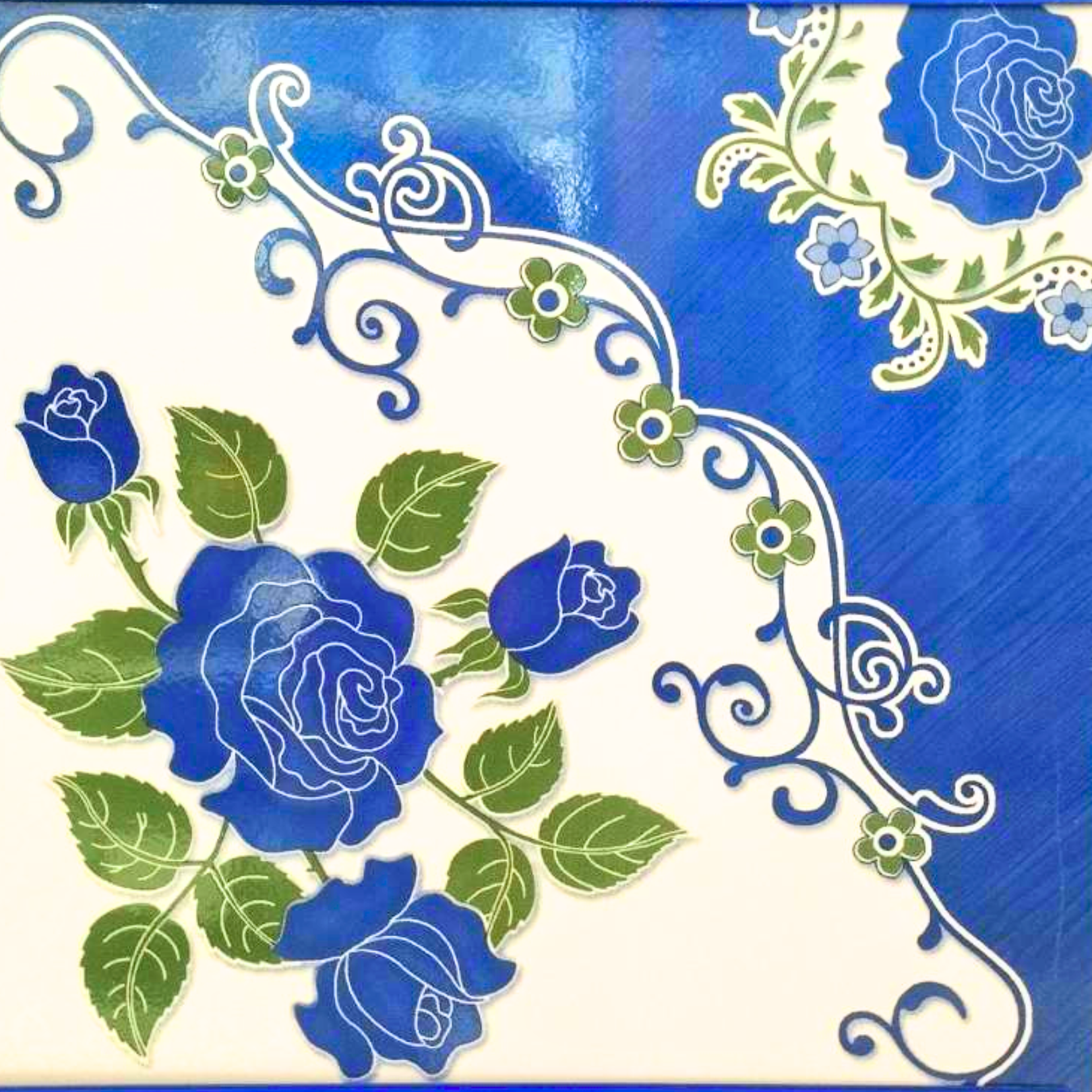 16"x16" เพลินมาลา-น้ำเงิน A กระเบื้องCASA -ลายต่อดอก
