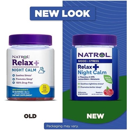 Natrol Relax+ Night Calm Daily Stress Relief Gummies Raspberry (เมลาโทนิน 3mg.) บรรจุ 50 ชิ้น