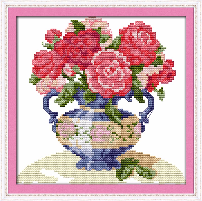 ชุดปักครอสติช ลายแจกันดอกโบตั๋น ขนาด 28*27 ซม.ผ้าครอสติช 11CTพิมพ์ลายปักบนผ้า ไหมคอตตอน 18 สี ผังลาย เข็ม