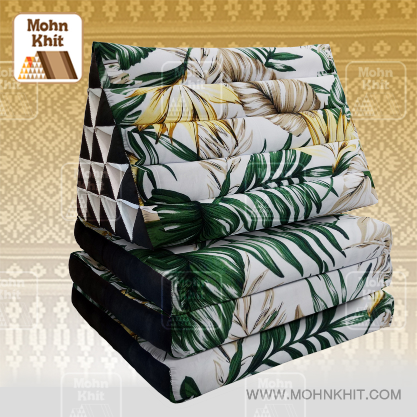 หมอนสามเหลี่ยมลายดอกไม้ป่า 15 ช่องติดเบาะ3 พับ 57cmx180cmx36cm Tri-angle Cotton kapok 100%Traditional Floor Cushions 15 holes with 3 part of mattress.