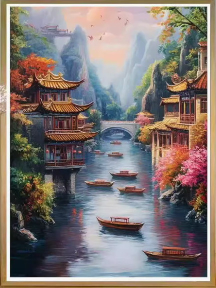 ชุดปักครอสติช ลายบ้านริมคลอง ในฤดู winter (ปักเต็มผืนผ้า ไม่มีเดินเส้น ผ้า11CTพิมพ์ลาย ปัก 3 เส้นเล็ก) ขนาด 50*70 ซม.ผ้าครอสติช 11CTพิมพ์ลายปักบนผ้า+ไหมคอตตอน 33 สี+ผังลาย+เข็ม