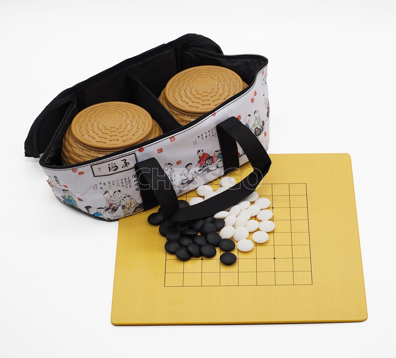 ชุดหมากล้อมพกพา (กระดานไม้บาง5mm-9/13เส้น+เม็ดเมลามีน+โถลายหวาย+กระเป๋า)