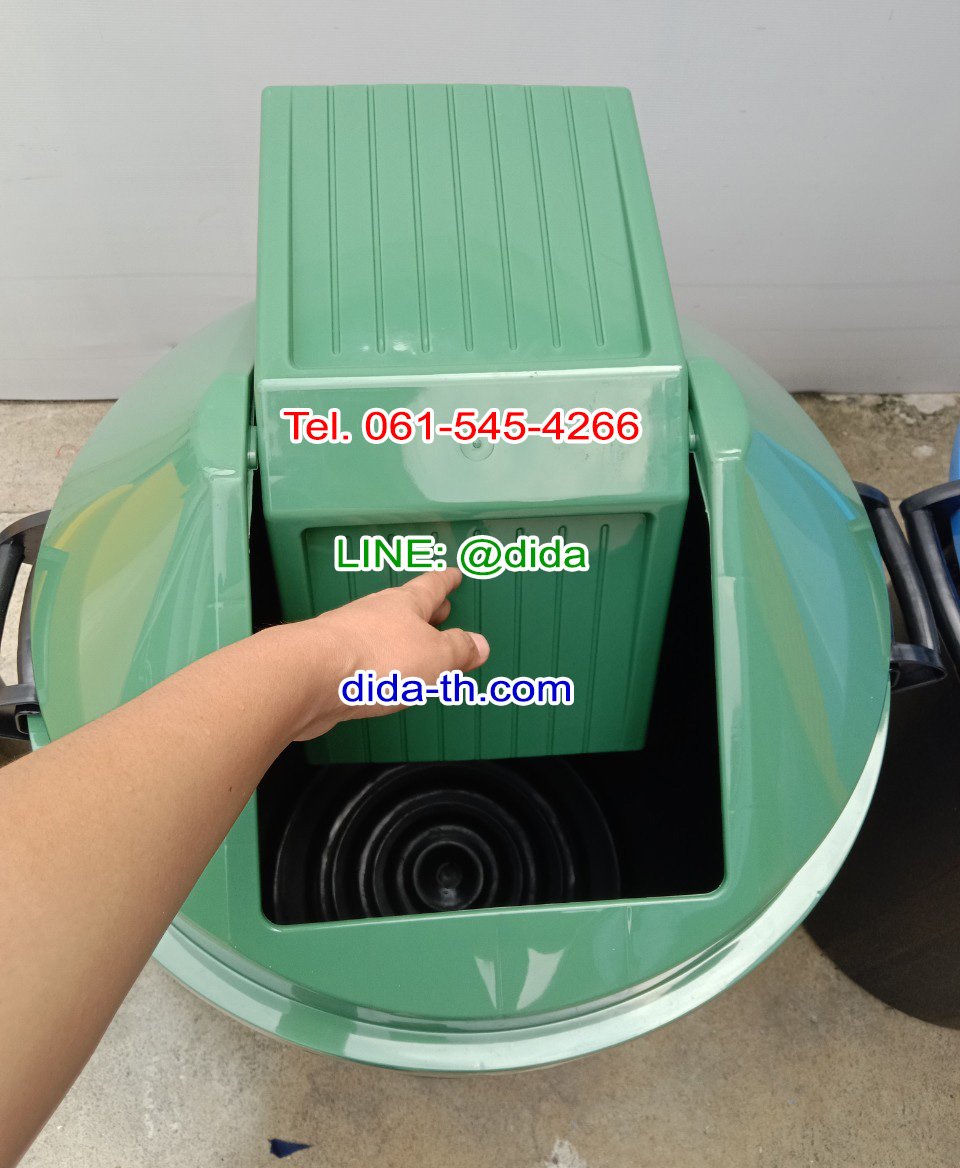 ถังขยะเทศบาล ทรงกลม ถังขยะพลาสติกสีดำ ฝาแกว่ง ฝาสี 112 ลิตร
