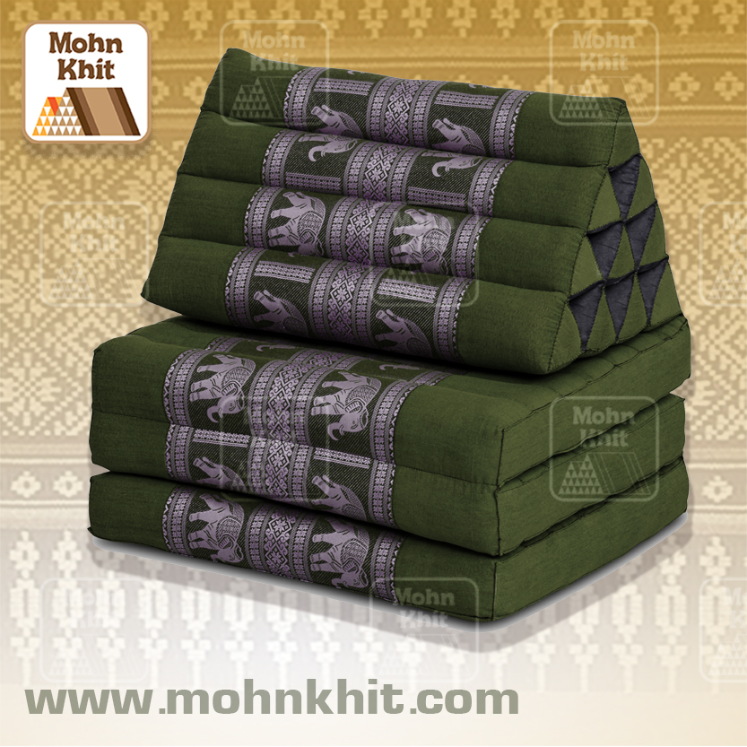 หมอนสามเหลี่ยมลายช้างด้ายทอ 10 ช่องติดเบาะ 3พับ 52x165x30cm// Tri-angle kapok100% tribal pattern Traditional Floor Cushions 10 holes with3 part of mattress.
