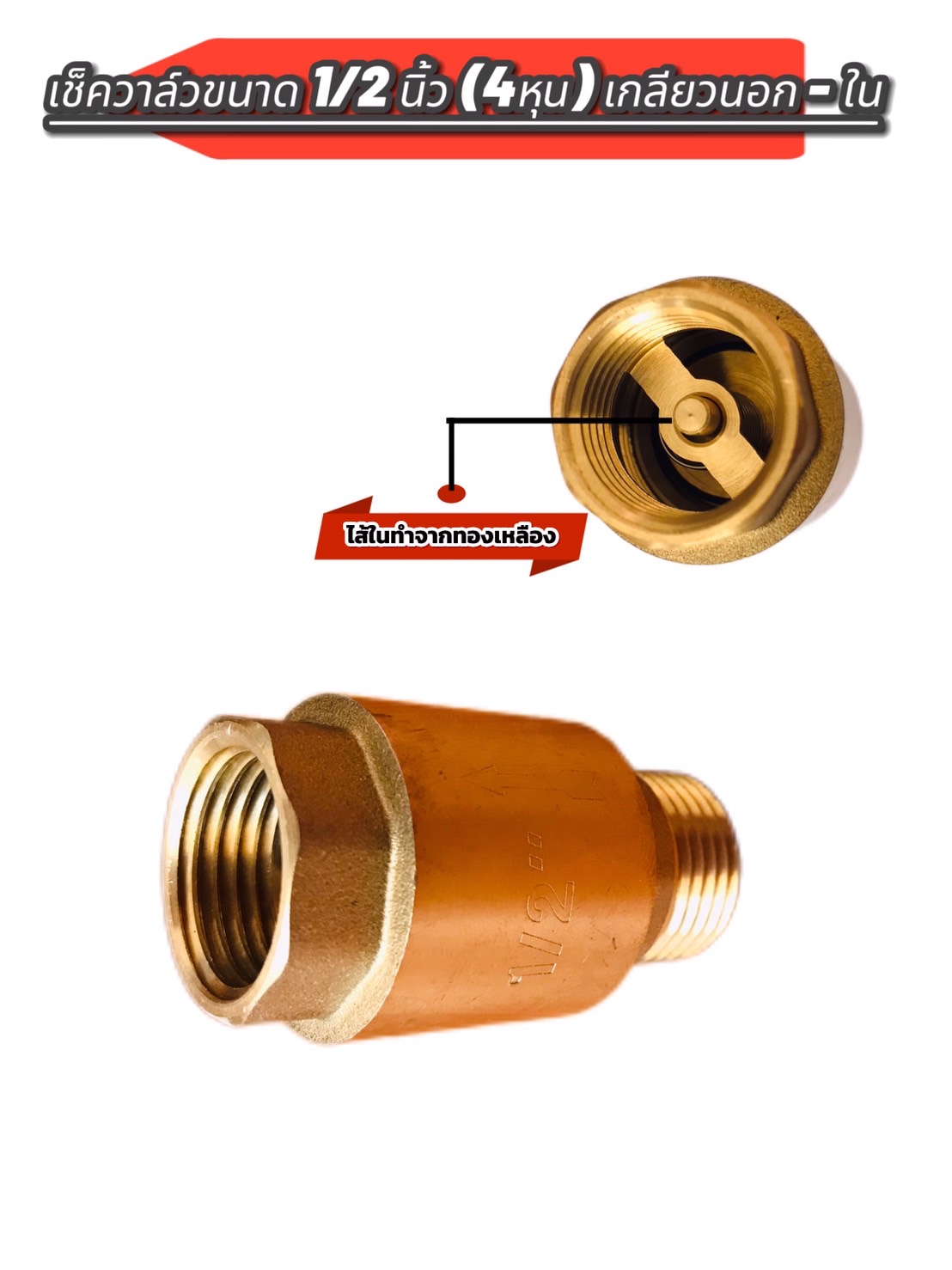 เช็ควาล์วทองเหลือง ขนาด 1/2 นิ้ว เกลียวใน-นอก (น้ำเข้าด้านเกลียวนอก) Brass Check Valve 1/2 inch Female-Male (ThreadInlet pipe, external thread )#00009