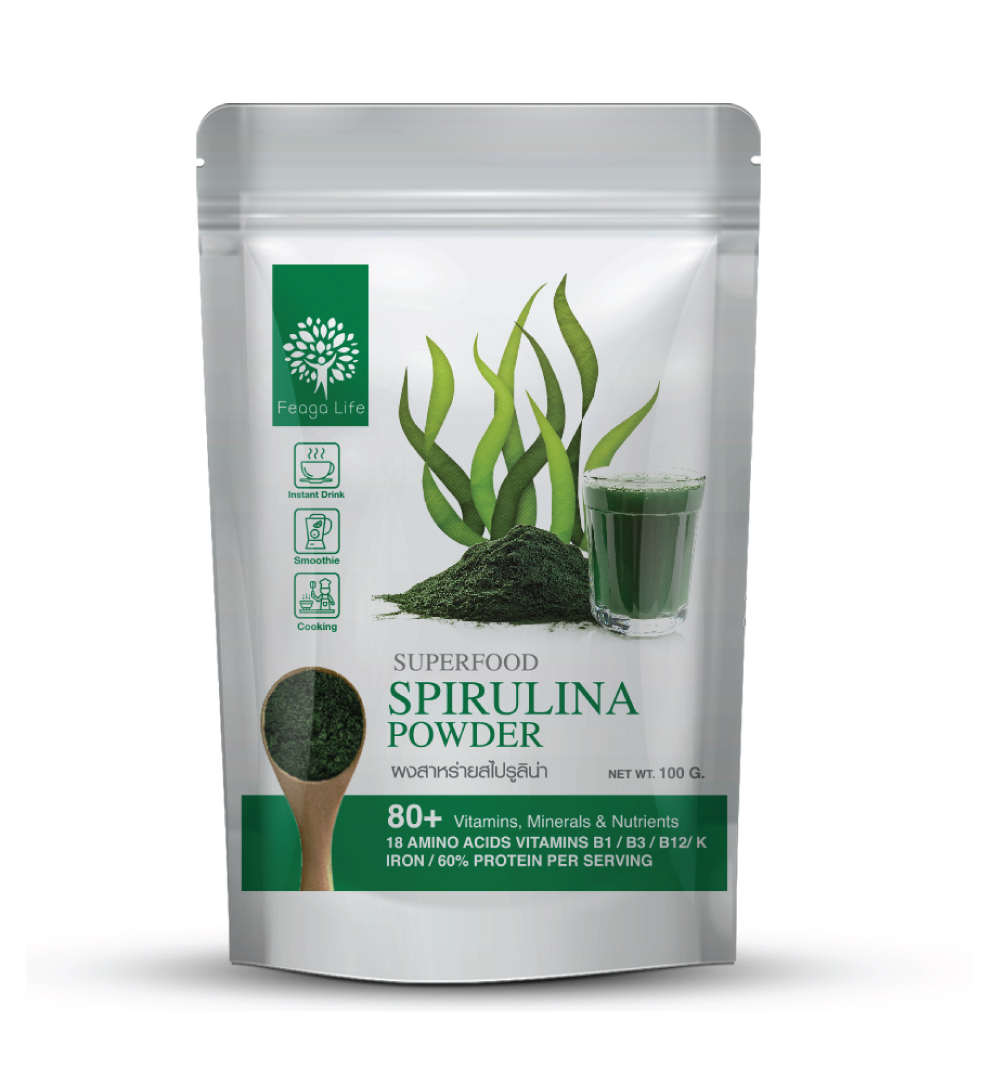 ผงสาหร่ายสไปรูลิน่า สกัดเข้มข้น10:1 DETOX Organic Feaga Life Spirulina Powder 100 กรัม ผง Superfood คุณภาพพรีเมี่ยม