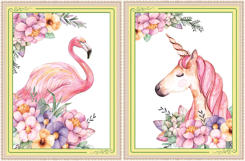 ชุดปักครอสติช ลายเซต 2 ชิ้น นกฟลามิงโก้ กับ ม้ายูนิคอร์น (ไม่มีเดินเส้น ปักครั้งละ 3 เส้นเล็ก) ขนาด ภาพละ 50*65 ซม.ผ้าครอสติช 11CTพิมพ์ลายปักบนผ้า ไหมคอตตอน 69 สี ผังลาย เข็ม
