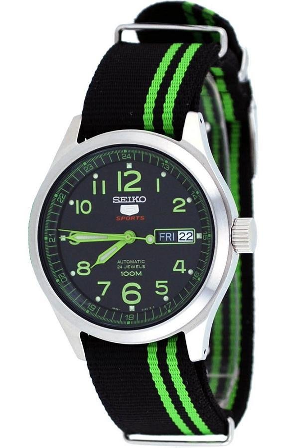 Seiko 5 Sports Men's Military Nato Band 100M 24 Jewels Automatic Fabric Strap รุ่น SRP273 - Black/Green