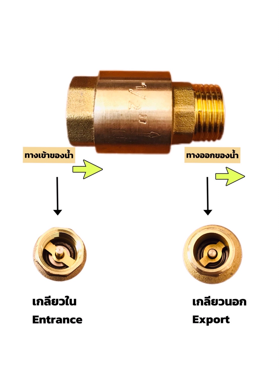 เช็ควาล์วทองเหลือง เกลียวใน-นอก ขนาด 1/2 นิ้ว (น้ำเข้าทางด้านเกลียวใน) Brass Check Valve 1/2" Female-Male Thread (Water inlet, internal thread) #00008