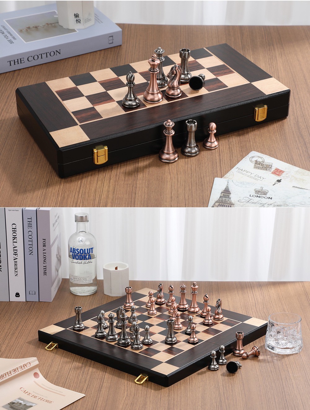 ชุดหมากรุกสากลไม้ebony+maple(ตัวzinc alloy) Gold Knight Wooden Chess Set 8