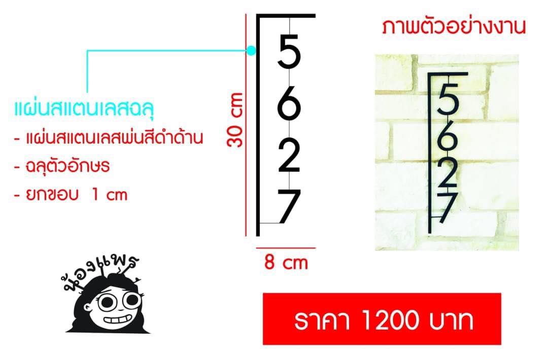 ป้ายบ้านเลขที่ แบบที่ 3 แผ่นสแตนเลสฉลุ - แผ่นสแตนเลสพ่นสีดำด้าน - ฉลุตัวอักษร - ยกขอบ 1 cm.
