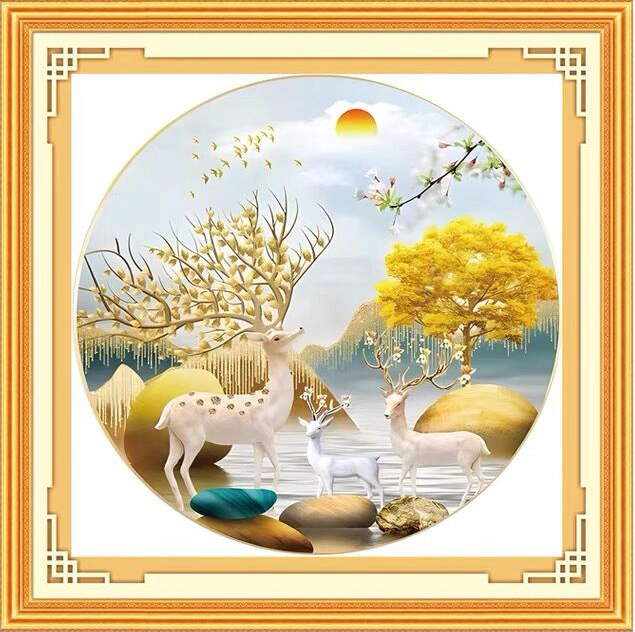 ชุดปักครอสติช ลายฝูงกวางเขางาม (งานปักเต็มลาย ไม่มีเดินเส้น) ขนาด 62*62 ซม.ผ้าครอสติช 11CTพิมพ์ลายปักบนผ้า ไหมคอตตอน 43 สี ผังลาย เข็ม