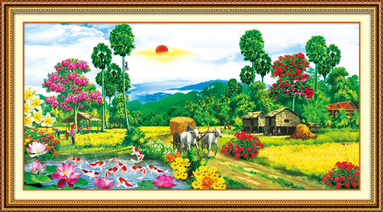 ชุดปักครอสติช ลายวิถีชนบท ขนาด 100*55 ซม.ผ้าครอสติช 11CTพิมพ์ลายปักบนผ้า ไหมคอตตอน 30 สี ผังลาย เข็ม