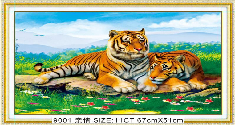ชุดปักครอสติช ลายสองเสือ (งานปักเต็มลาย ไม่มีเดินเส้น) ขนาด 67*51 ซม.ผ้าครอสติช 11CTพิมพ์ลายปักบนผ้า ไหมคอตตอน 35 สี ผังลาย เข็ม