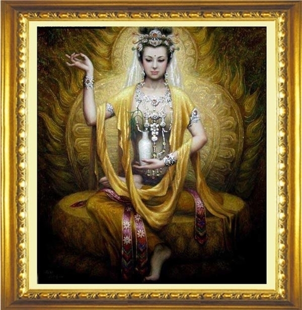 ชุดภาพติดคริสตัลกลม ลายพระโพธิสัตว์กวนอิม ( งานติดเต็มภาพ ) ขนาด 45*60 ซม. คริสตัลกลม 35 สี อุปกรณ์ครบชุด