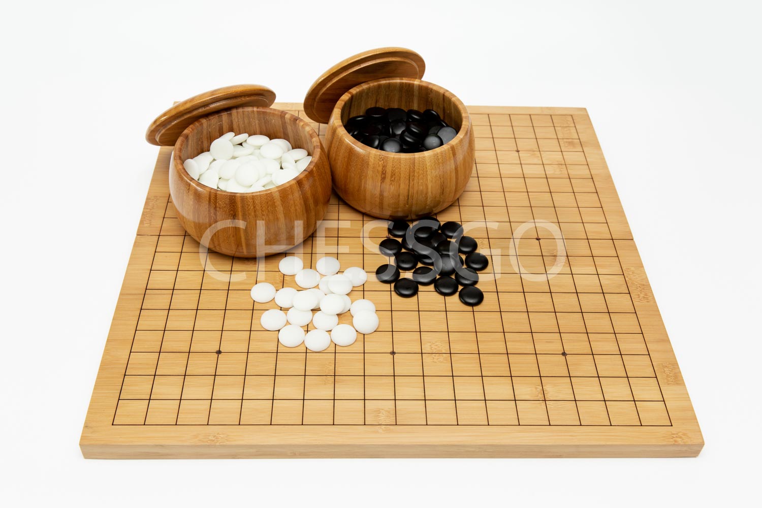 ชุดหมากล้อมไม้พับมาตรฐาน19เส้น(กระดาน/เม็ดหิน/โถไม้ไผ่)