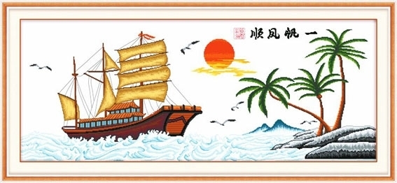 ชุดปักครอสติช ลายล่องเรือสำเภา ขนาดใหญ่ 135*63 ซม.ผ้าครอสติช 11CTพิมพ์ลายปักบนผ้า+ไหมคอตตอน 40 สี+ผังลาย+เข็ม