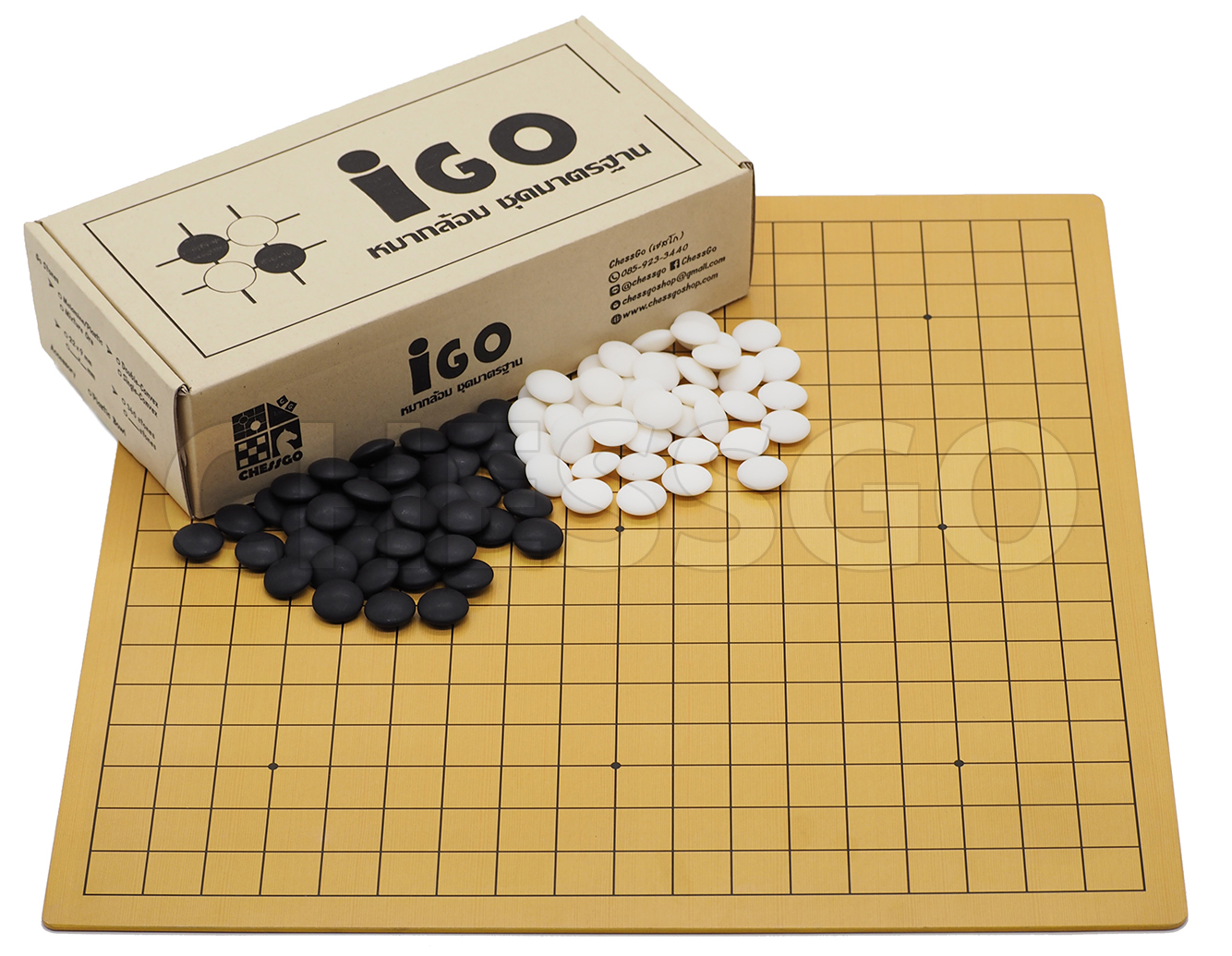 ชุดหมากล้อมไม้ (กระดานไม้บาง5mm-19เส้น+เม็ดเมลามีนนูน2ด้าน)