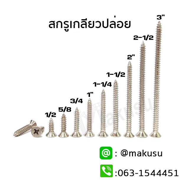 สกรูเกลียวปล่อย สกรูเกลียวปล่อยปลายแหลม มีให้เลือก 4 ขนาด