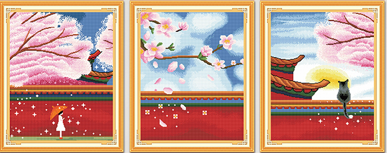 ชุดปักครอสติช ลายเซต 3 ชิ้น วิวซากุระ (งานปักเต็มลาย ไม่มีเดินเส้น) ขนาดภาพละ 50*60*3 ซม.ผ้าครอสติช 11CTพิมพ์ลายปักบนผ้า ไหมคอตตอน 49 สี ผังลาย เข็ม
