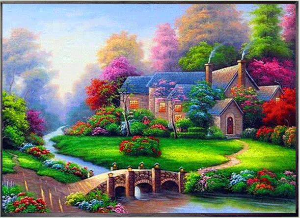 ชุดปักครอสติช ลายบ้านสวยริมลำธาร (งานปักเต็มลาย ไม่มีเดินเส้น) ขนาด 65*50 ซม.ผ้าครอสติช 11CTพิมพ์ลายปักบนผ้า ไหมคอตตอน 42 สี ผังลาย เข็ม