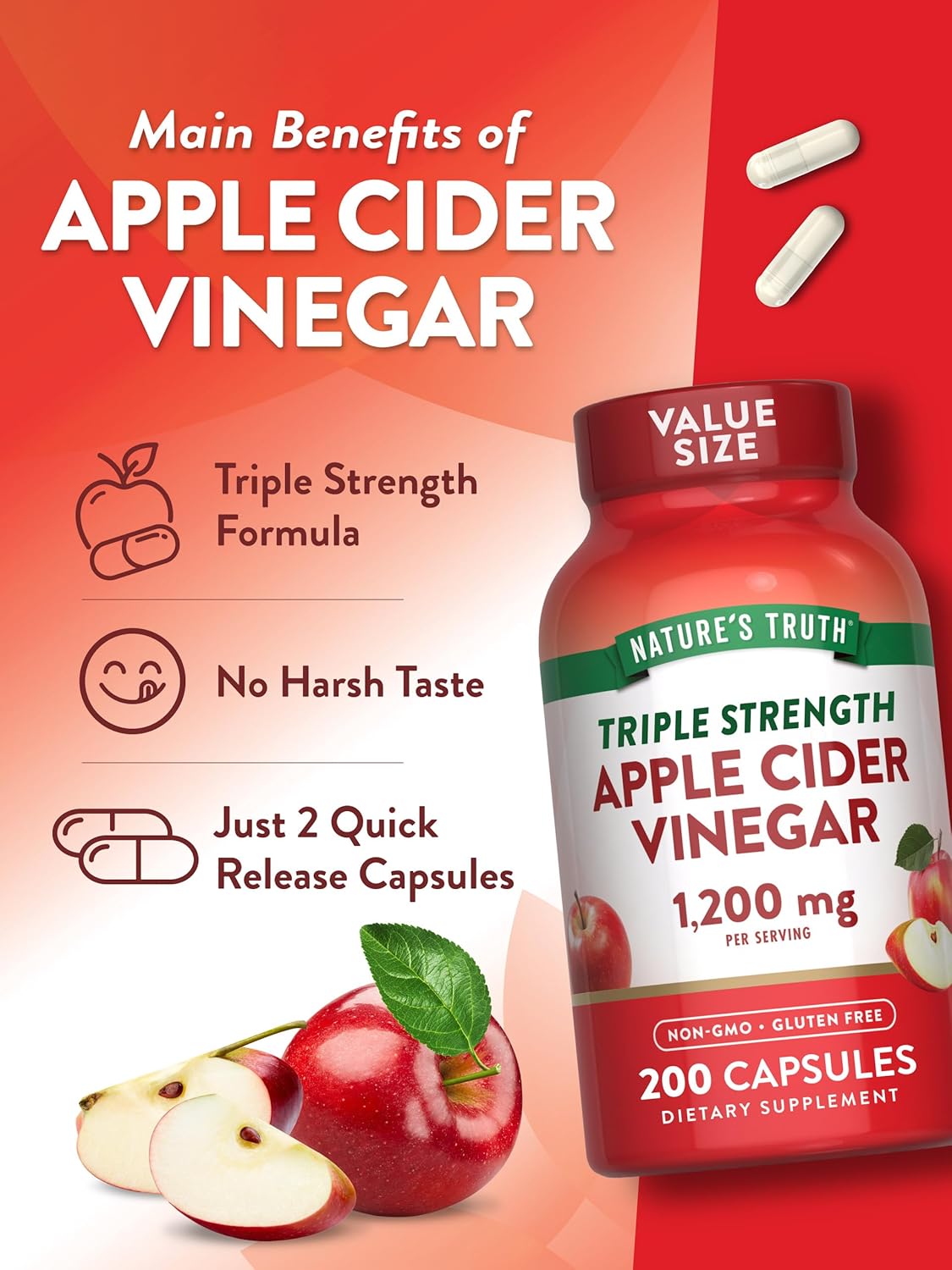 Nature's Truth Apple Cider Vinegar 1200 mg. บรรจุ 200 แคปซูล อาหารเสริม น้ำส้มสายชูหมักจากแอปเปิ้ล (1กระปุก)