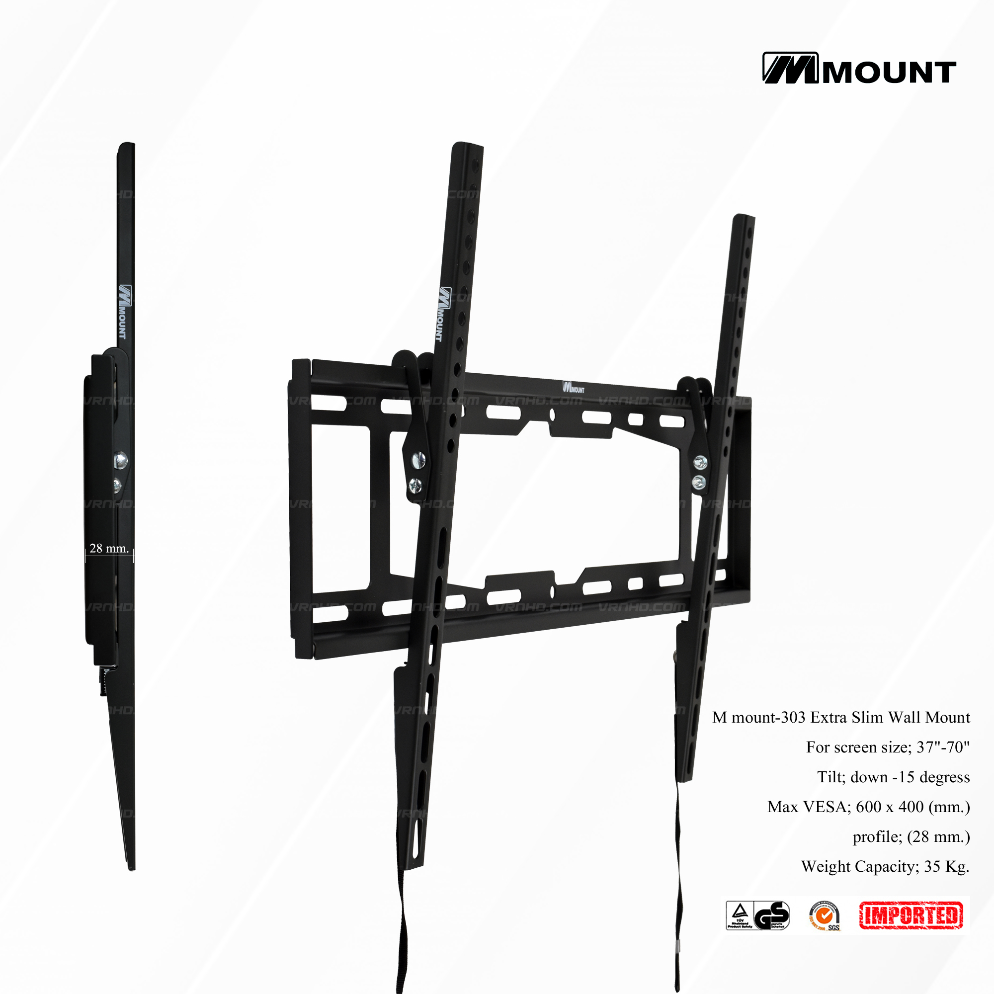 M mount-303 ขาแขวนทีวี Extra Slim 37"- 70" Tilt Curved & Flat panel TV wall mount (1.4), Max VESA 600 x 400 mm.,Weight Capacity 35 Kg.