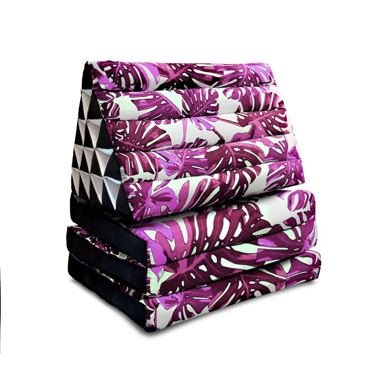 หมอนสามเหลี่ยมลายมอสเตอร่าม่วงชมพู 15 ช่องติดเบาะ3 พับ 57cmx180cmx38cm Triangle Cotton kapok 100%Traditional Floor Cushions 15 holes with 3 part of mattress.
