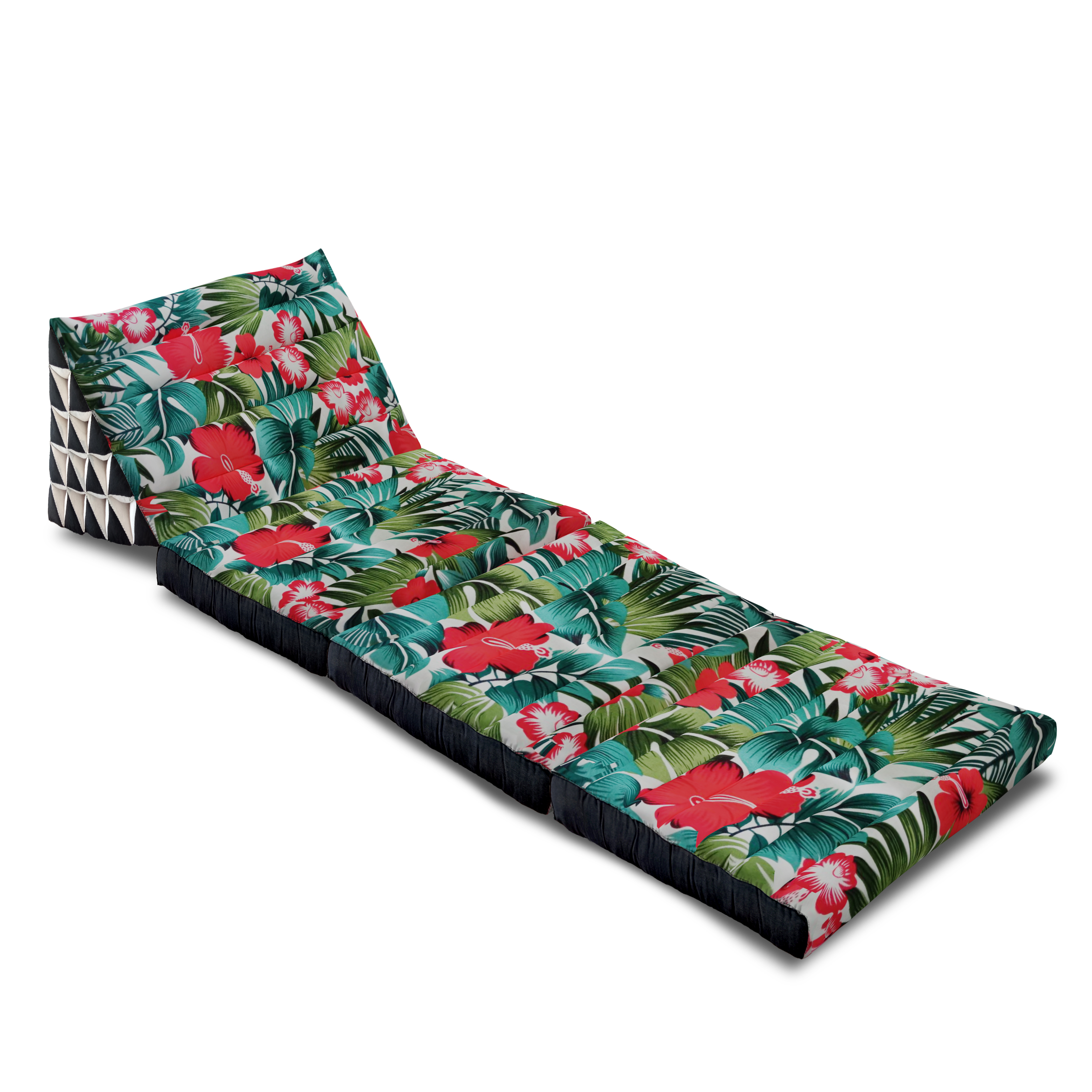 หมอนสามเหลี่ยมลายดอกชบา 15 ช่องติดเบาะ3 พับ 57cmx180cmx36cm Tri-angle Cotton kapok 100%Traditional Floor Cushions 15 holes with 3 part of mattress.