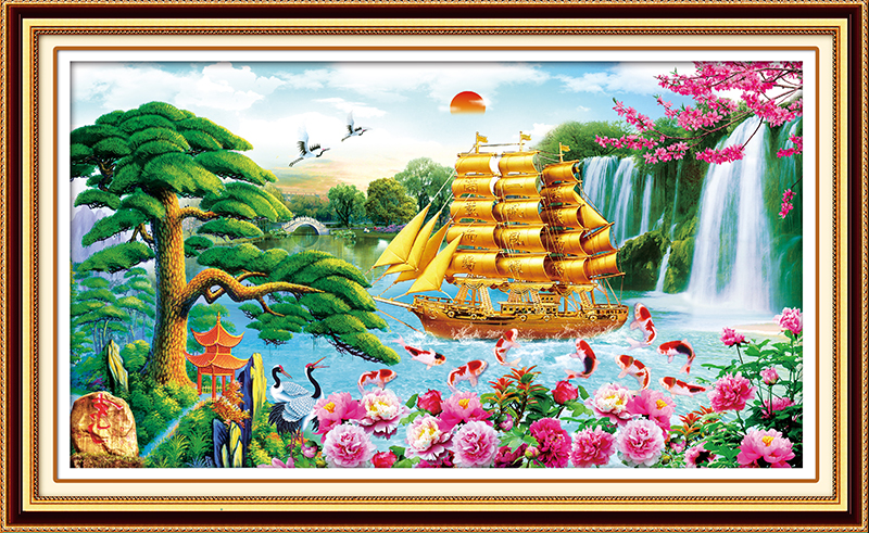 ชุดปักครอสติช ลายล่องเรือสำเภาทอง (ไม่มีเดินเส้น) ขนาด 100*60 ซม.ผ้าครอสติช 11CTพิมพ์ลายปักบนผ้า ไหมคอตตอน 49 สี ผังลาย เข็ม