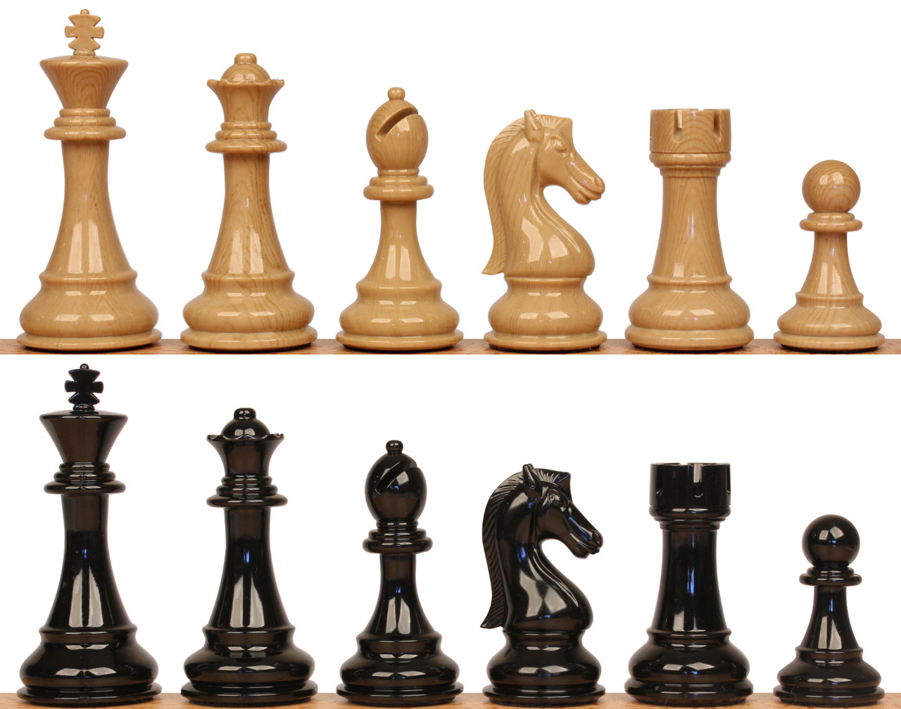 4 1/4" King's Knight Series Resin Chess Set with Black & Wood Grain Pieces ตัวหมากรุกสากลอะคริลิคลายไม้(สีครีมดำ)