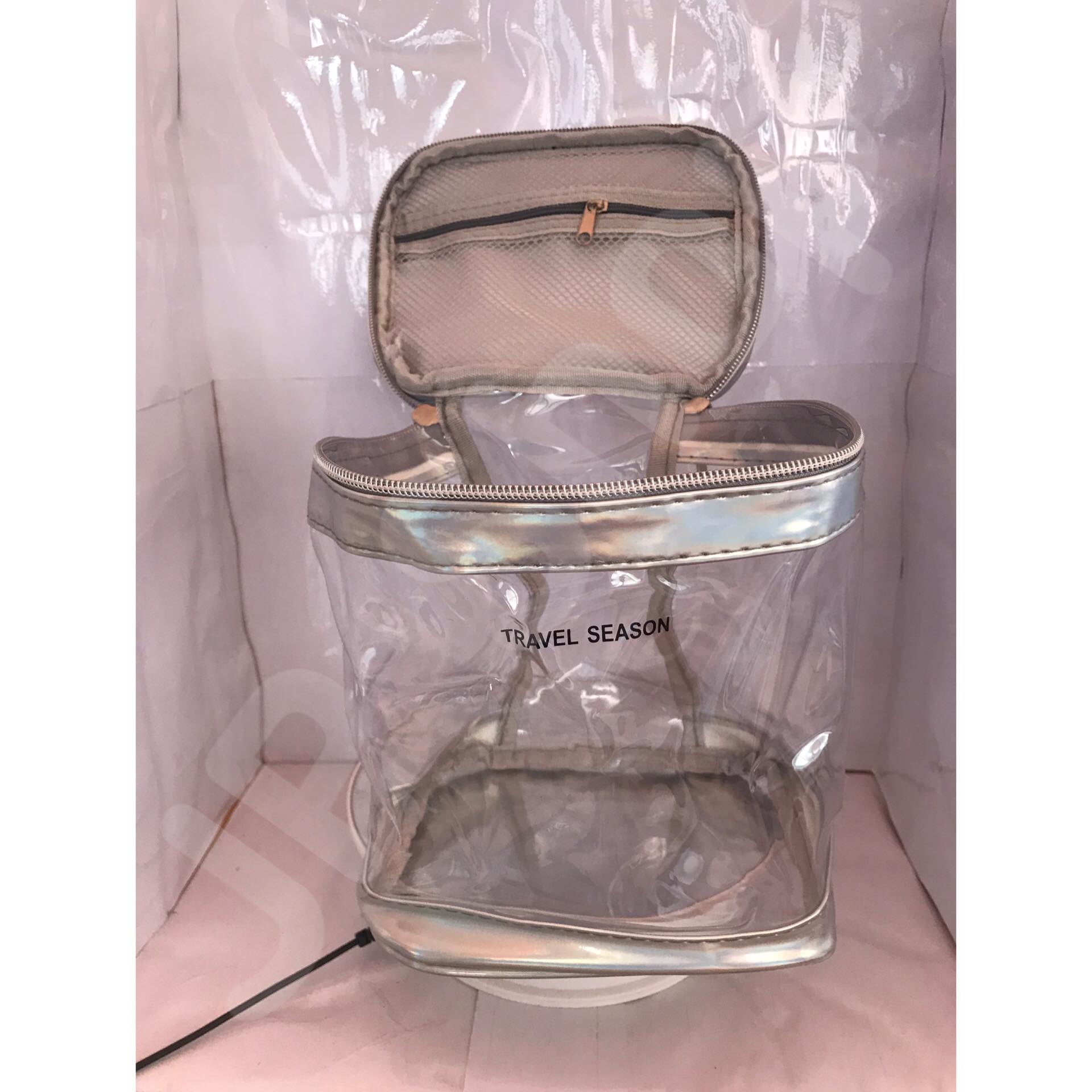 กระเป๋าใส่เครื่องสำอาง ทรงกระบอก สีเทา โปร่งใส ราคา/1 ใบ #0131