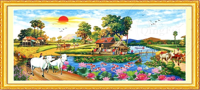 ชุดปักครอสติช ลายวิถีชนบท (ไม่มีเดินเส้น) ขนาด 100*55 ซม.ผ้าครอสติช 11CTพิมพ์ลายปักบนผ้า ไหมคอตตอน 40 สี ผังลาย เข็ม