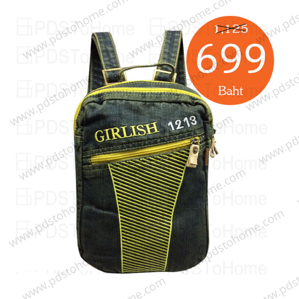 กระเป๋า เป้ ใบ เล็ก สะพายหลัง ผู้หญิง ผ้ายีนส์ ปักลายเส้น Girlish 1213 ซับในผ้าคอตตอนอย่างดี