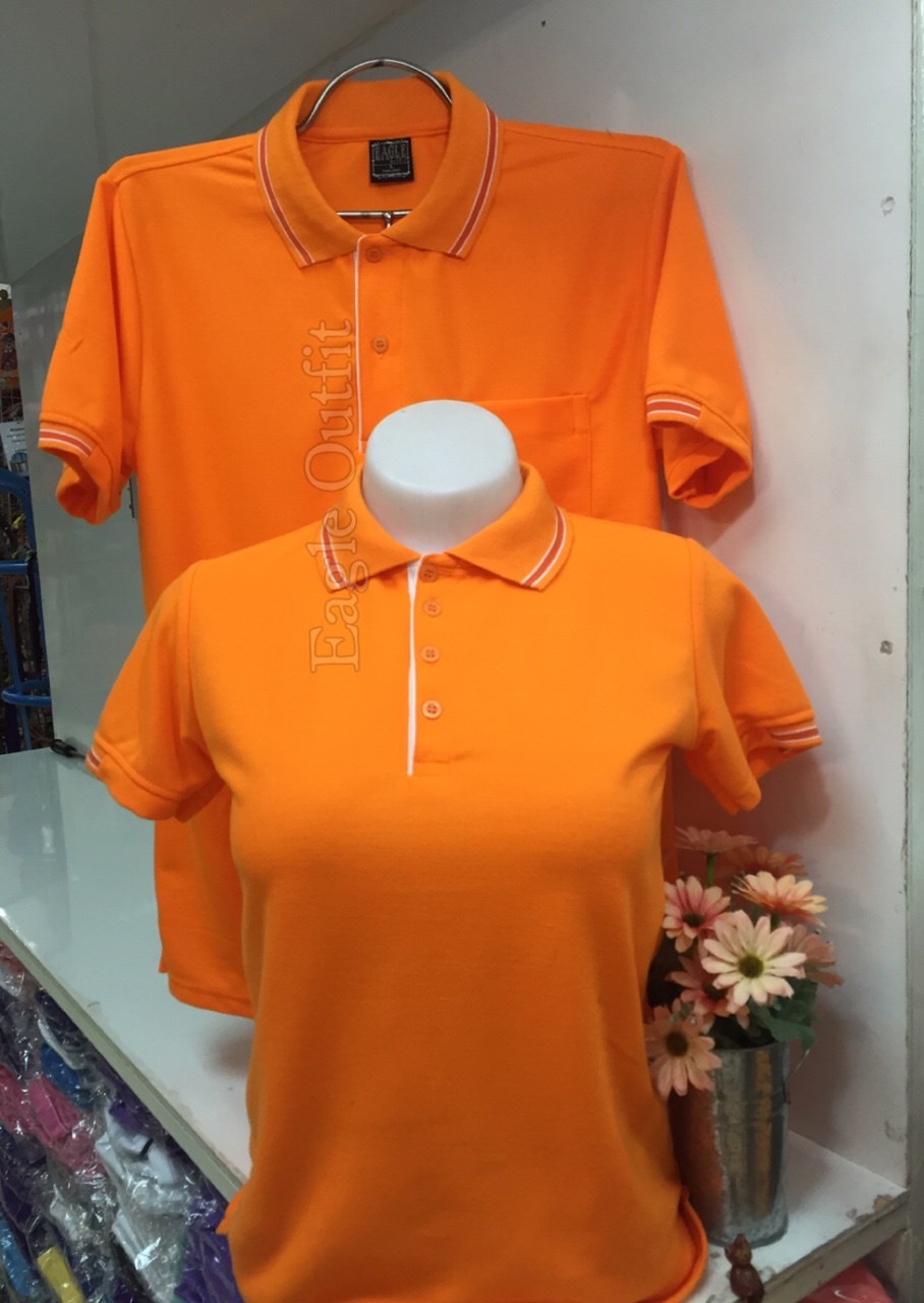 เสื้อโปโล ทรงชาย-หญิง สีส้มขลิบส้มเข้มขาว