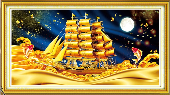 ชุดปักครอสติช ลายล่องเรือสำเภาทองคำ (งานปักเต็มลาย ไม่มีเดินเส้น) ขนาด 100*55 ซม.ผ้าครอสติช 11CTพิมพ์ลายปักเต็มลายผ้า ไหมคอตตอน 39 สี ผังลาย เข็ม