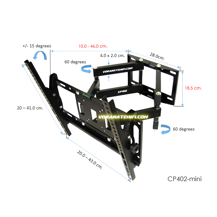 CP402-mini ขาแขวนทีวี 26 - 55 inch LED,LCD TV,Full Motion Multi-Arm TV Wall Mount, Max VESA 400x400 mm., Weight Capacity 50 Kg. (1.1/1.4)