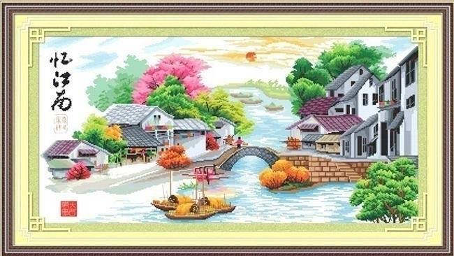 ชุดปักครอสติช ลายสองฝั่งคลอง (ปักครั้งละ 3 เส้นเล็ก) ขนาด 65*38 ซม. ผ้าครอสติช 11CTพิมพ์ลายปักบนผ้า ไหมคอตตอน 61 สี ผังลาย เข็ม