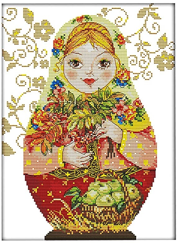 ชุดปักครอสติช ลายตุ๊กตาสาวรัสเซีย ขนาด 36*47 ซม.ผ้าครอสติช 11CTพิมพ์ลายปักบนผ้า ไหมคอตตอน 41 สี ผังลาย เข็ม