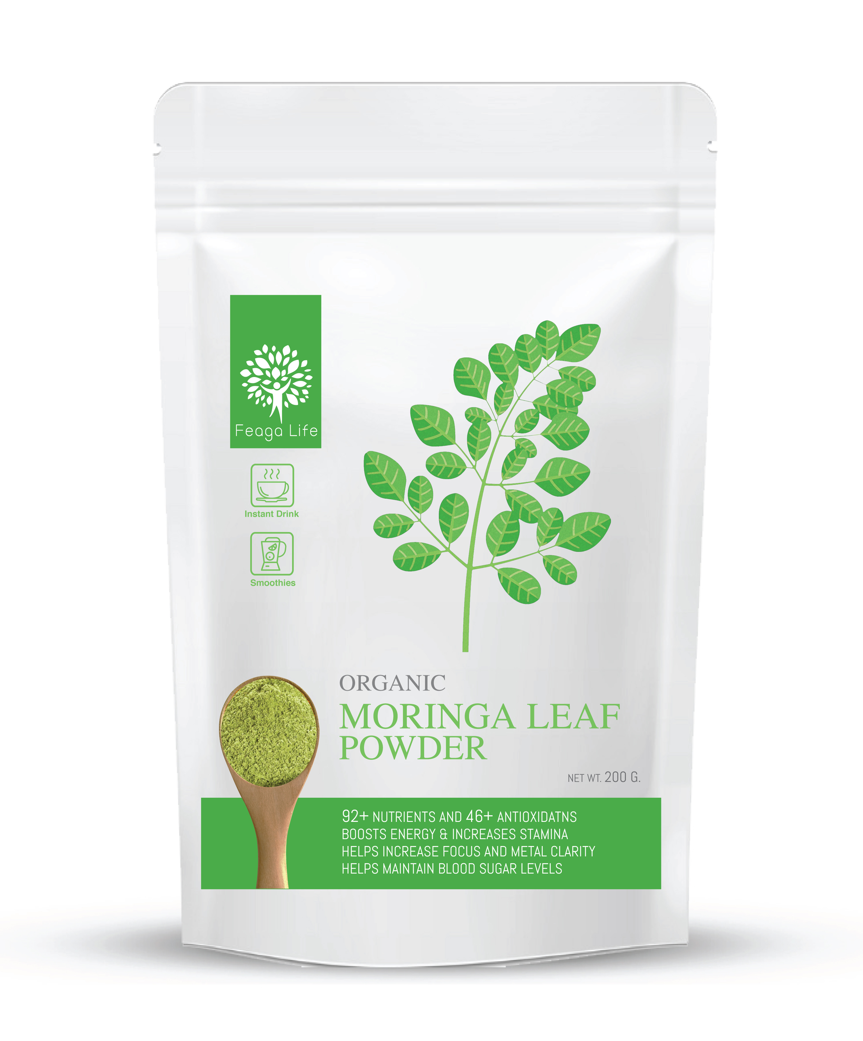 ผงใบมะรุม Organic Moringa Leave Powder ยี่ห้อ Feaga Life 200 กรัม ผง Superfood (ผงผัก ซุปเปอร์ฟู้ด) คุณภาพพรีเมี่ยม