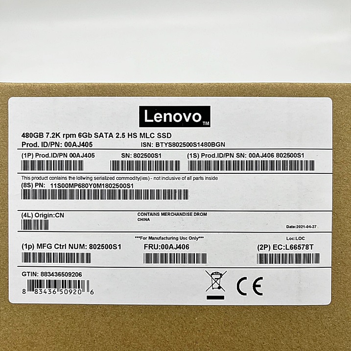 Lenovo 00AJ405 [TorCompTH Thailand] IBM 480GB 2.5 SATA MLC ENT G3HS SSD for Lenovo x3550 M5 x3650 M5