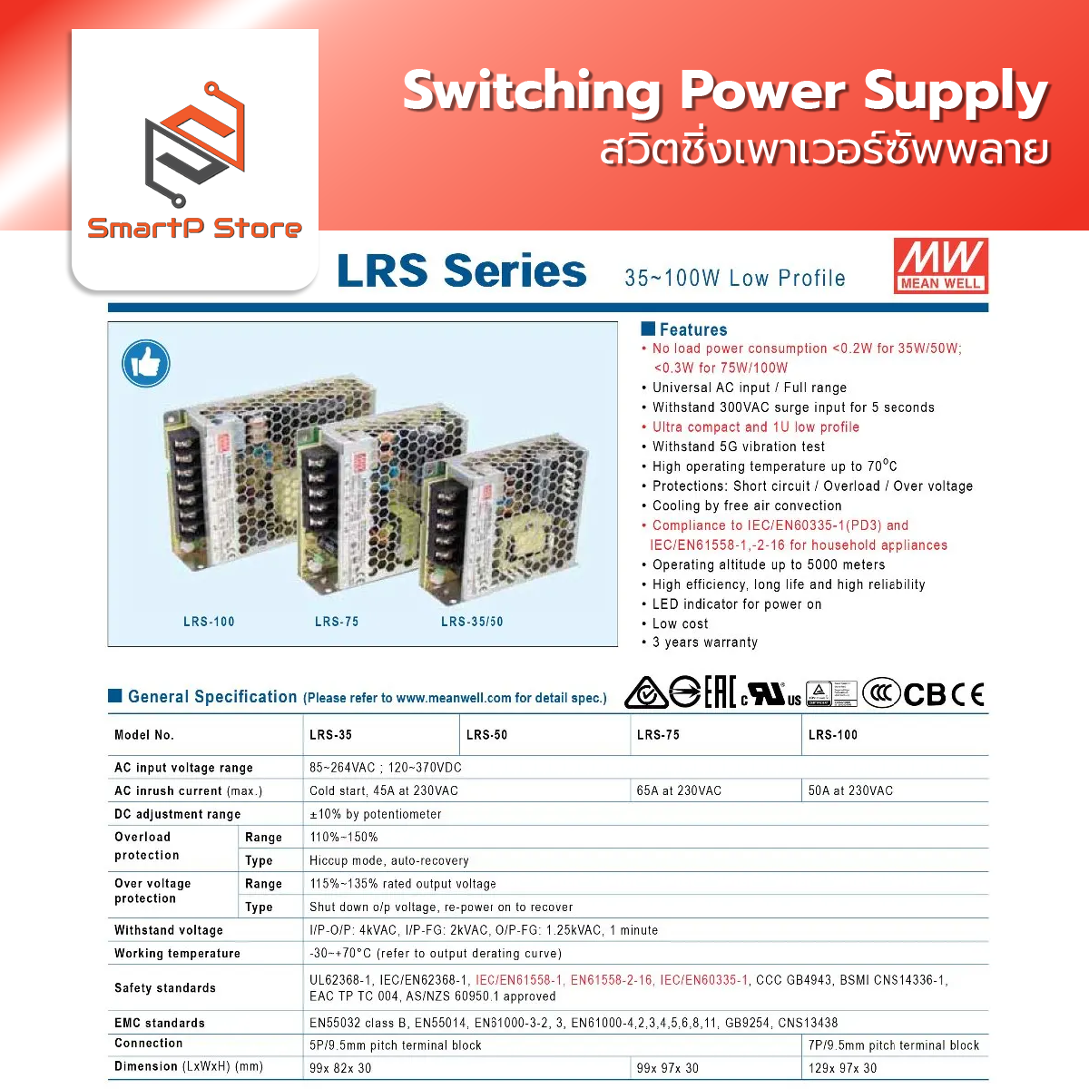 MEANWELL Switching Power Supply สวิตชิ่งเพาเวอร์ซัพพลาย 12V 24V รุ่น LRS