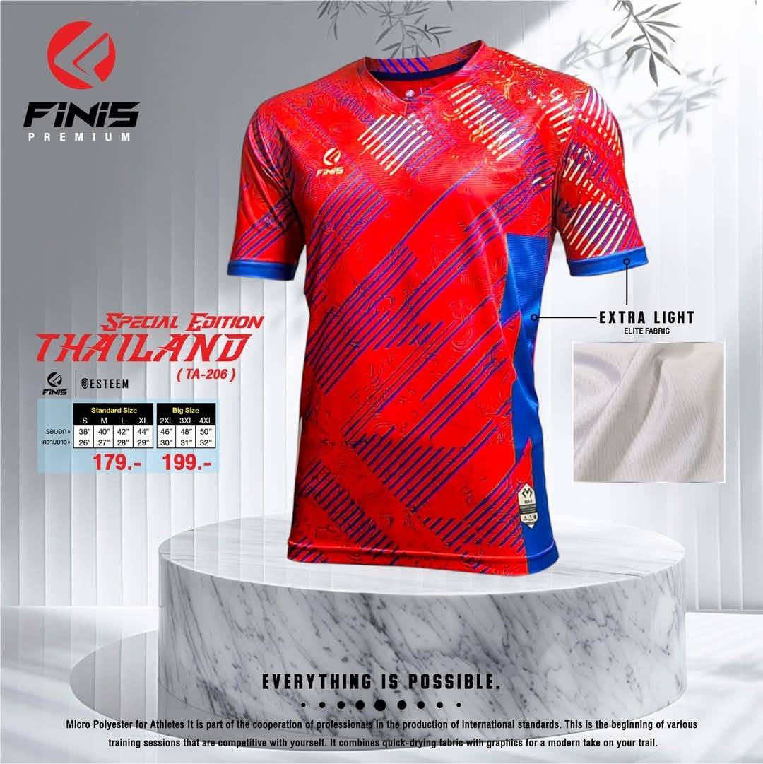 FiNiS THAILAND EDITION เสื้อกีฬาพิมพ์ลาย เสื้อกีฬา TA-206 ผ้าริ้วเงิน สีแดง