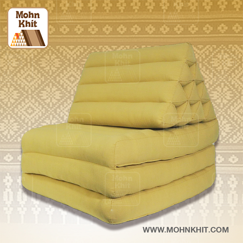 หมอนสามเหลี่ยมเหลืองพาสเทล 10 ช่องติดเบาะ 3พับ 53x200x30cm// Triangle kapok100%Traditional Floor Cushions 10 holes with 3 part of mattress. สำเนา
