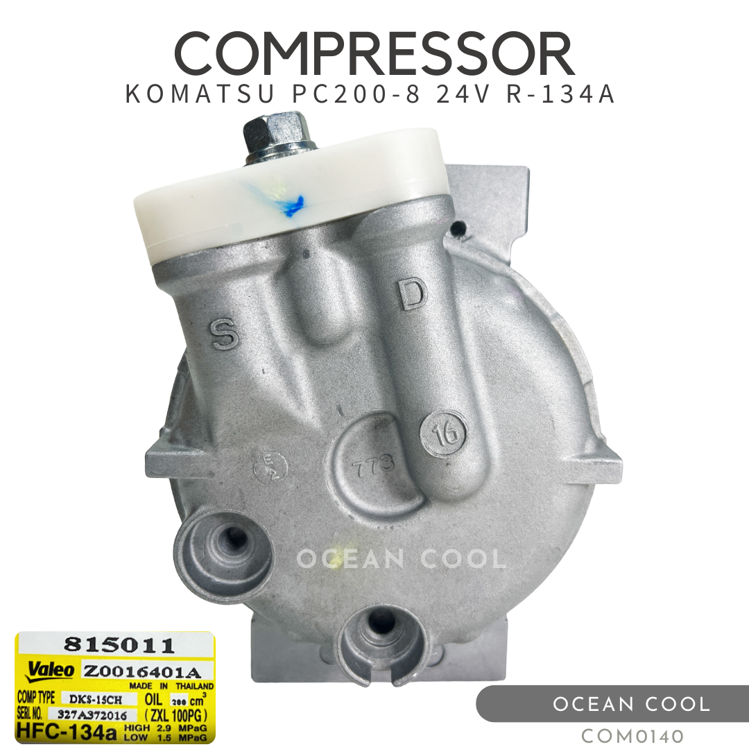 คอมเพรสเซอร์ โคมัตสุ พีซี 200-8 24 โวลต์ พูเล่ 1 ร่องบี รูโต COM0140 VALEO 815011 COMPRESSOR KOMATSU PC200-8 24V B R-134a คอมแอร์ รูหัวสายใหญ่